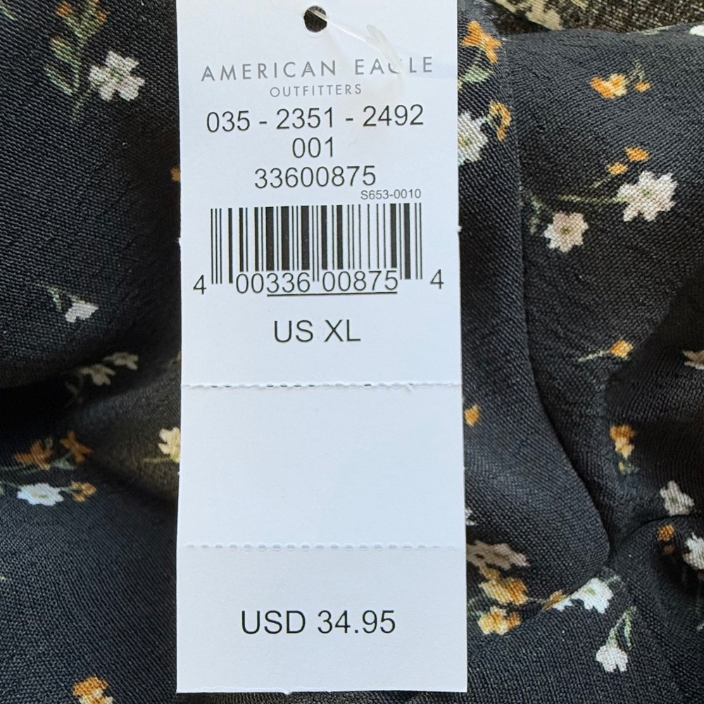 American Eagle Floral Puff Sleeve Tie Front Crop Top Black XL NWT - Picture 8 of 13